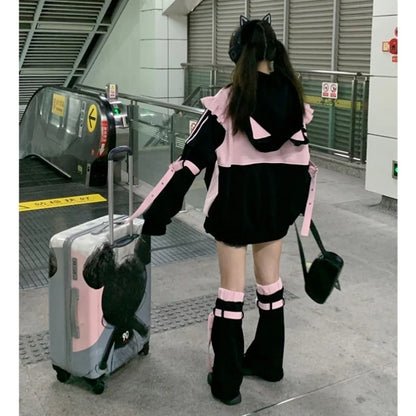 Cute Cat Ears Contrast Color Hoodies Coat Women Ruffled Patchwork Loose Sweatshirt Harajuku Zipper Y2k Aesthetic Casual Hoody