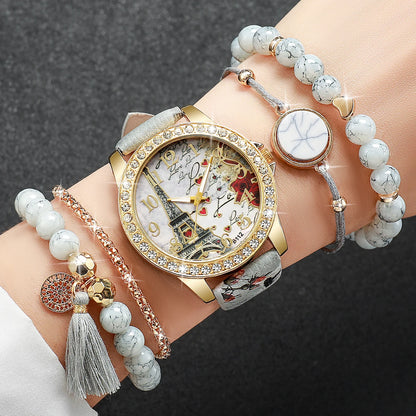 2/3/4/5PCS Fashion Rhinestone Women's Watch Flowers Printed Leather Band Female Quartz Watches Bracelets Set（Without Box）