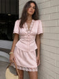 Elegant Satin Lace Patchwork Skirt Two-piece Set V Neck Short Sleeve Lace Up Tops Mini Skirts Suit 2026 New Party Daily Outfits