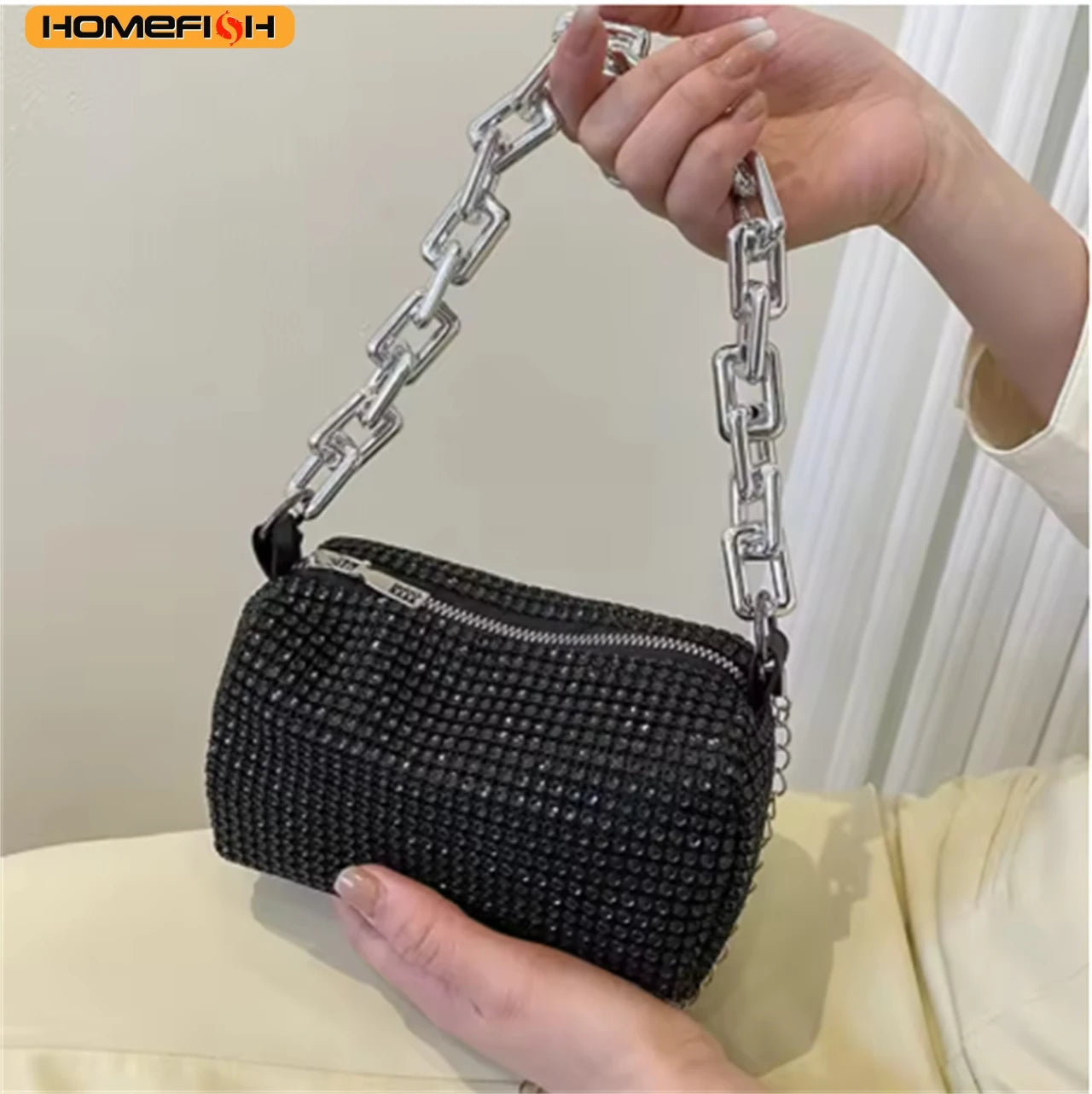 HOMEFISH Sparkling Rhinestone Bucket Bag, Chain Decor Party Clutch Purse, Female Mini Crossbody Bag