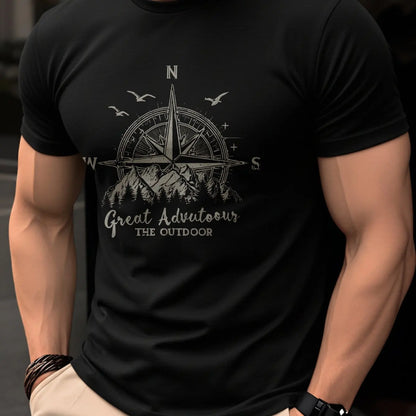 Summer men's 100% pure cotton casual fashionable loose retro compass mountain pattern printed round neck short sleeved T-shirt