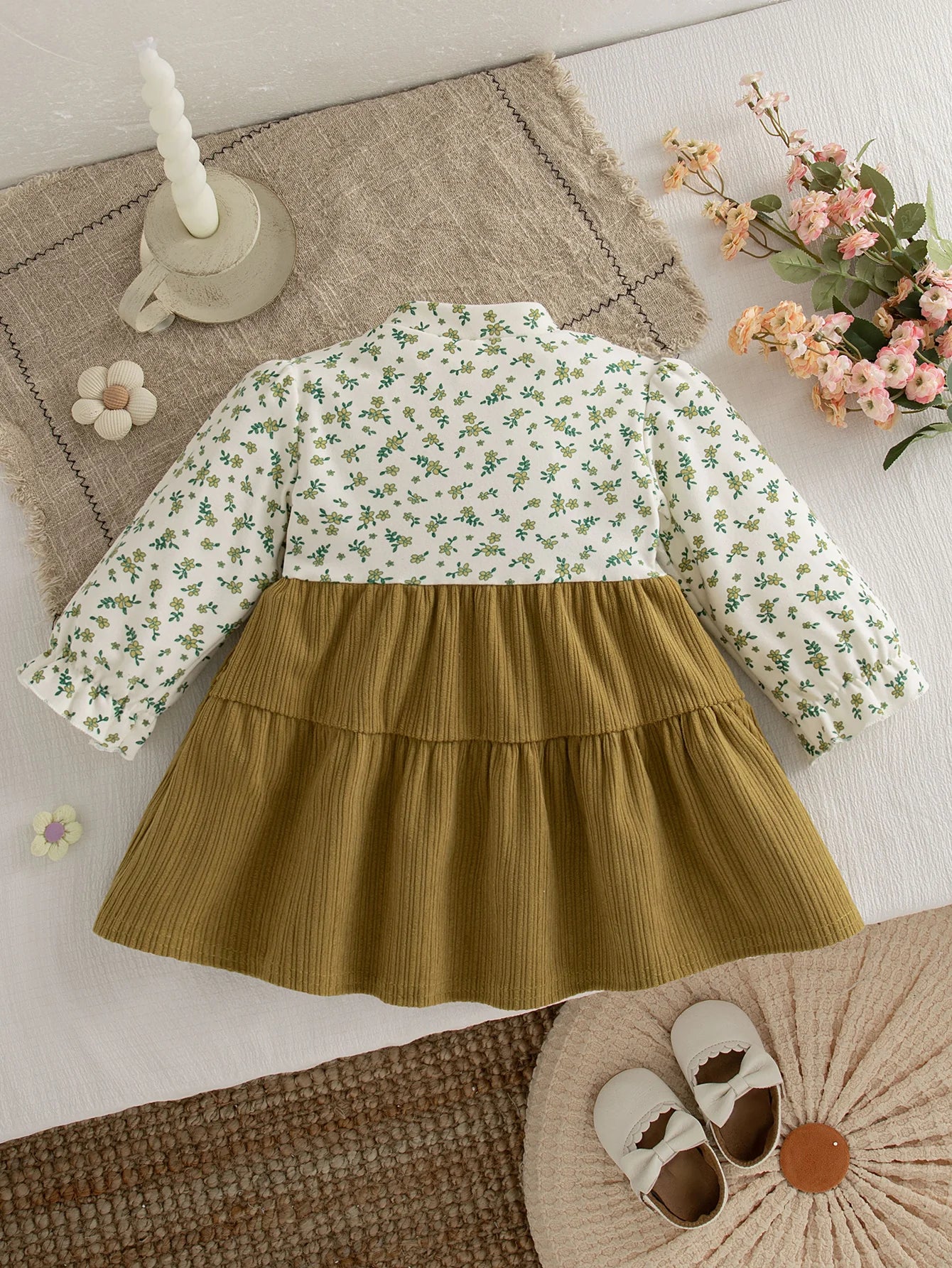 Retro Floral Print Toddler Baby Dress Long Sleeve Casual Outfit Baby Girls Daily Play Clothes Comfortable Baby Wear