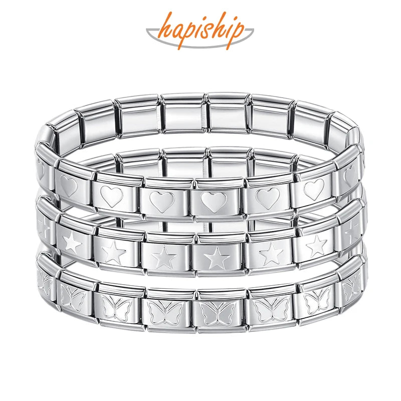Hapiship 2024 Women's Jewelry 9mm Width Itanlian Elastic Star Heart Butterfly Charm Bracelet Fashion Stainless Steel Bangle ST-