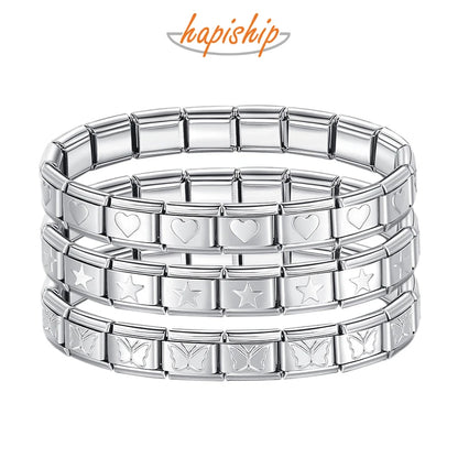 Hapiship 2024 Women's Jewelry 9mm Width Itanlian Elastic Star Heart Butterfly Charm Bracelet Fashion Stainless Steel Bangle ST-