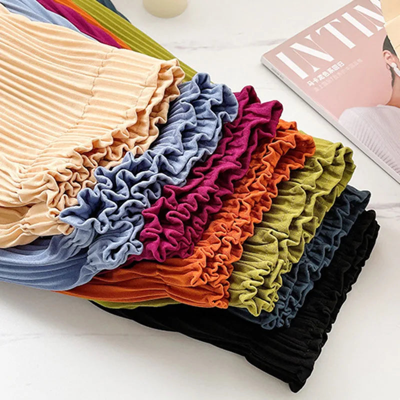 Women Casual Wide Leg Shorts 2025 Summer Elastic High Waist Pleated Shorts Woman Solid Color Loose Ice Silk Knee-Length Pants