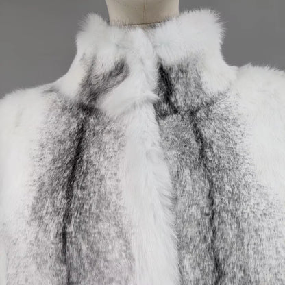 Women Real Rabbit Fur Coat High Collar Winter Jacket Make of One Rabbit Fur Cross Mink Pattern