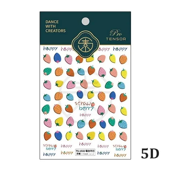 Fresh Sweet Fruits Strawberry Cherry Bowknot Love Heart Lemon 5D Nail Art Stickers Self Adhesive Decorations Nail Manicure Decal