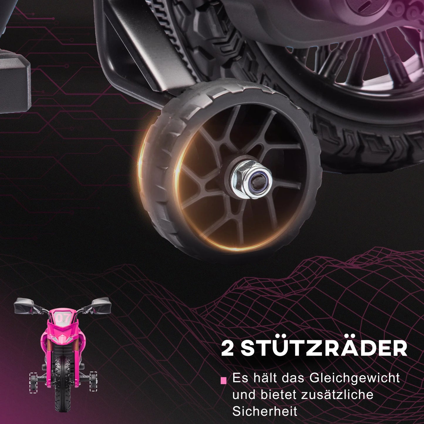 12V electric motorcycle, children’s motorcycle with training wheels, kids’ car, featuring a horn and start-up sound, 3 km/h, pink, electric toy motorcycle, riding motorcycle
