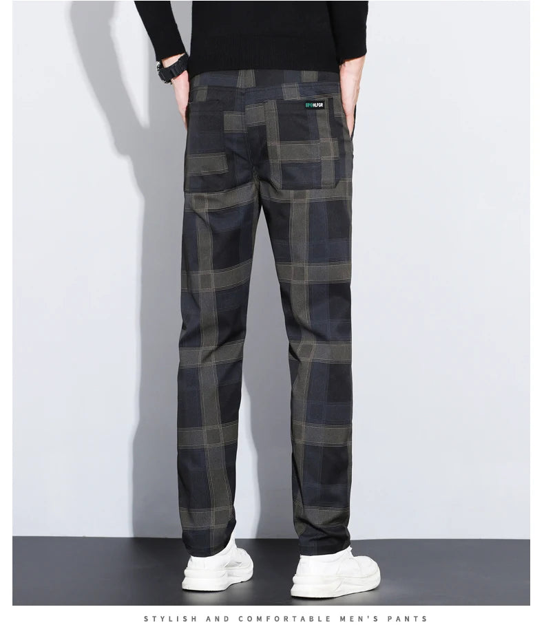 Autumn Winter Luxury Plaid Check Pattern Casual Pants Men Thick Business Elastic Waist Slim Fit Korean Pocket Long Trousers Male