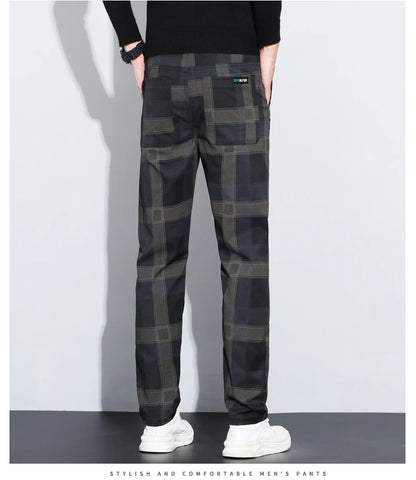 Autumn Winter Luxury Plaid Check Pattern Casual Pants Men Thick Business Elastic Waist Slim Fit Korean Pocket Long Trousers Male