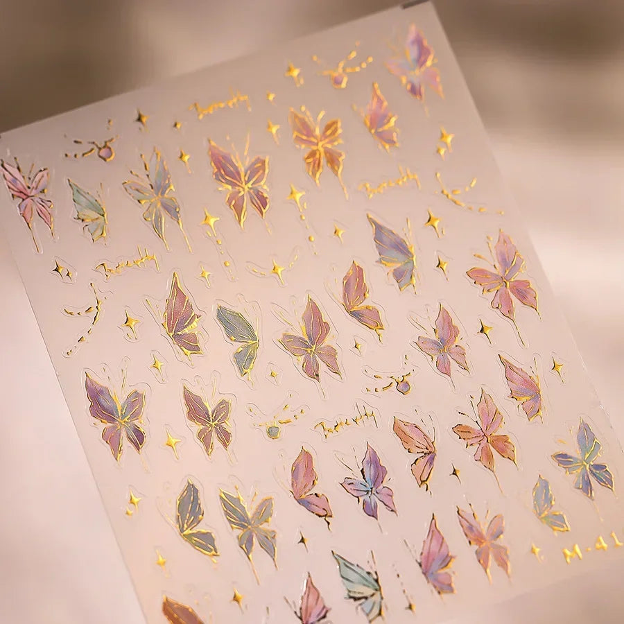 Shiny Jelly Butterfly Charming Golden Gradient Bowknot 5D Self Adhesive Nail Art Sticker Flower Petal Rhinestone Manicure Decals