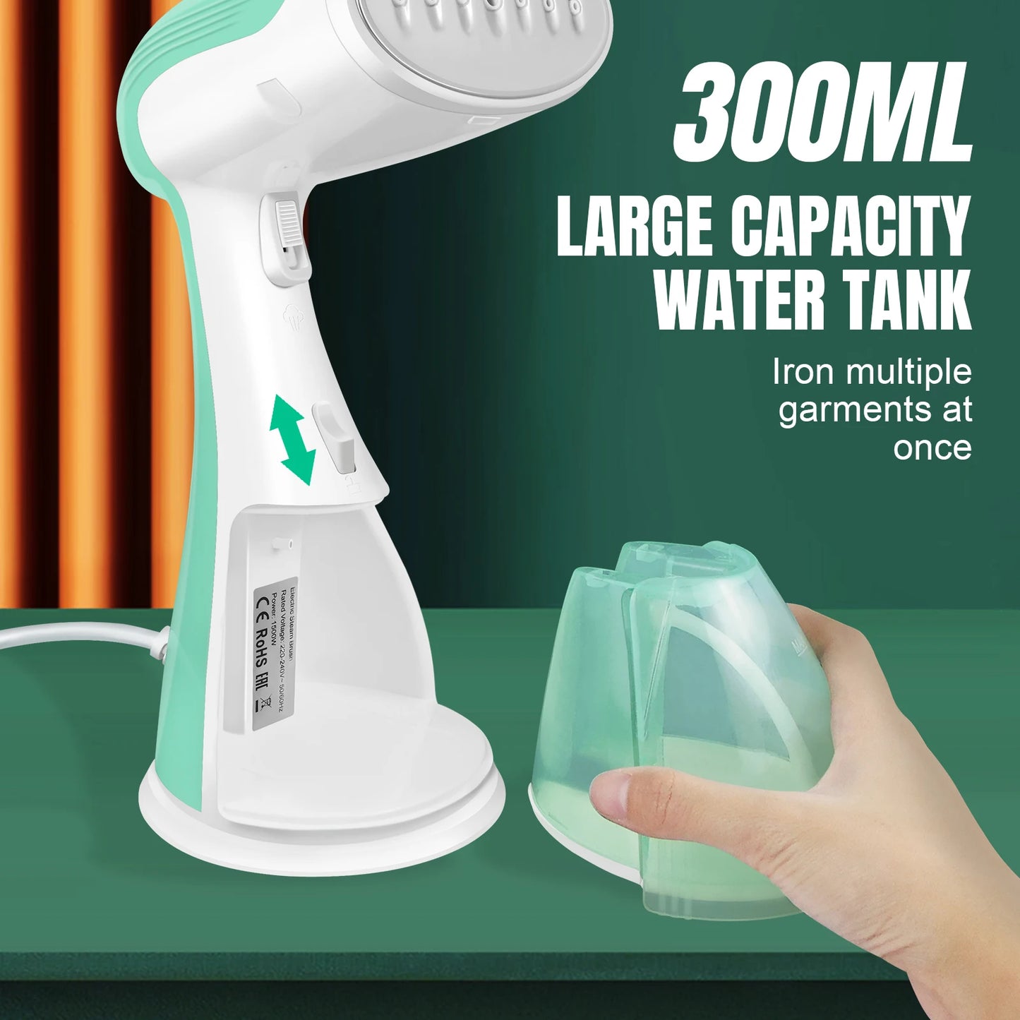 1500W Handheld Clothes Steamer Portable, 300ml Water Tank, 30s Fast Heat-up, 27g/min, Stainless Steel Panel,1.5m Cable