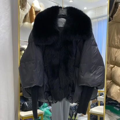 2024 Winter Women Warm Coat Oversized Real Fox Fur Collar Thick Luxury Outerwear New Fashion 90% Goose Down Jacket