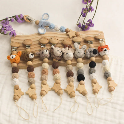 Cartoon Bunny Pacifier Chain Clip Wood Crochet Bear Teething Chain Baby Teether Soother Holder Newborn Chew Toys Pacifier Clips