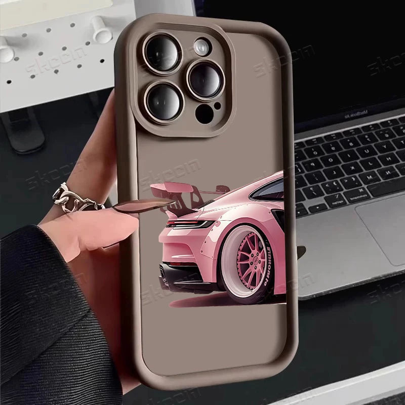 Fashion Pink Car Pattern Silicone Phone Case For iPhone 17 16 15 14 13 12 11 Pro Max 17 Air XS XR 7 8 Plus 16e Shockproof Cover