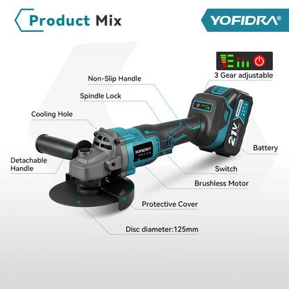 YOFIDRA 125mm Brushless Electric Angle Grinder 20000RPM Wood Metal Cutting Grinding Polishing Power Tool For Makita Battery Pin