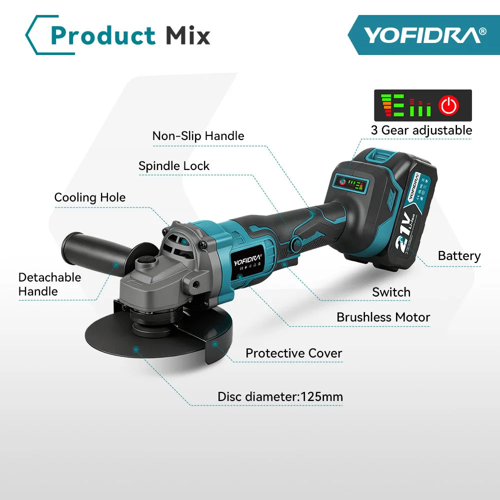 YOFIDRA 125mm Brushless Electric Angle Grinder 20000RPM Wood Metal Cutting Grinding Polishing Power Tool For Makita Battery Pin