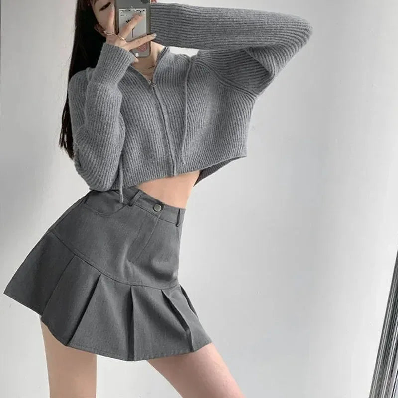 Y2K Vintage High Waist Pleated Skirt Women College Style Uniforms Safety Pants Mini Skirts Woman Korean Street Slim A-Line Skirt