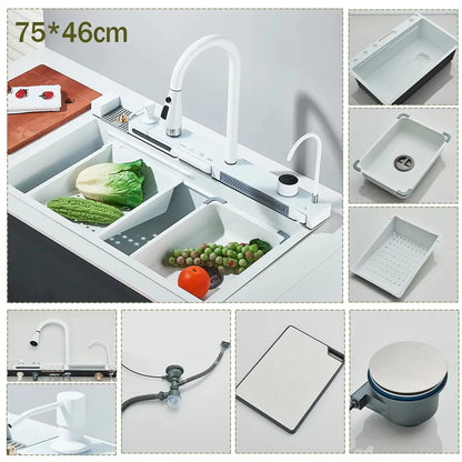 304 Stainless Steel Kitchen Waterfall Sink Digital Display Large Single Sink Dish Basin Sink With Multifunction Touch Waterfall