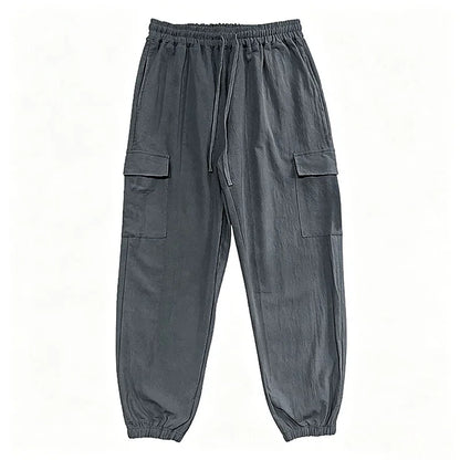Men's Cotton Linen Blend Cargo Jogger Pants Elastic Waist Drawstring Multi Pockets Casual Breathable Streetwear Trousers for Men