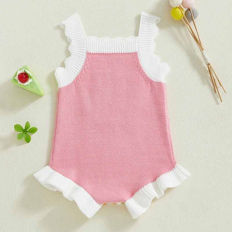 Newborn Baby Girl Knit Jumpsuit Clothes Sleeveless Ruffle Trim Cherry Print Romper Summer Sleeveless Outfits Sunsuit