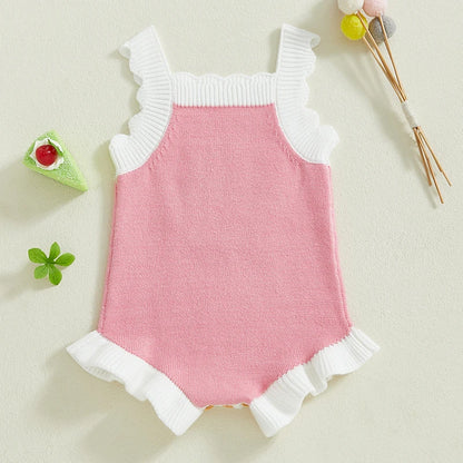 Newborn Baby Girl Knit Jumpsuit Clothes Sleeveless Ruffle Trim Cherry Print Romper Summer Sleeveless Outfits Sunsuit
