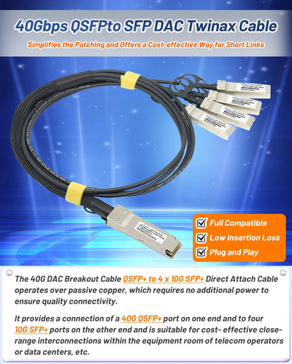 40G QSFP To 4*10G SFP+ DAC Cable 1m/2m/3m Direct Attach Copper Breakout Cable Compatible with Cisco,HuaWei,Mikrotik Fiber Switch