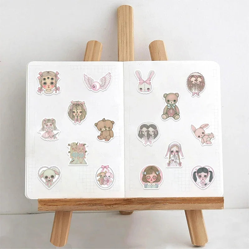 50PCS Pink Creepy Girl Stickers Gothic Horror Decals Bizarre Graffiti Art for DIY Decoration