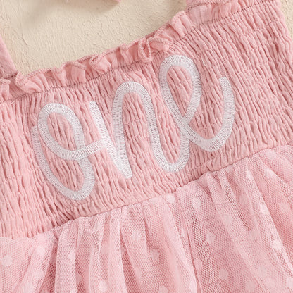 MISOWMNJOY Summer Mesh Tulle Baby Girl Romper Dress Infant Birthday Outfits Sleeveless Tie Strap Smocked Bodysuit with Headband