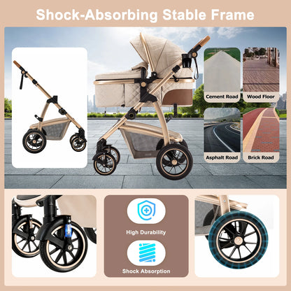 Baby Stroller 3 in 1 Easy Folding Multifunctional Stroller Travel Portable Baby Carriage Safety Seat EU Standard Aluminum Frame
