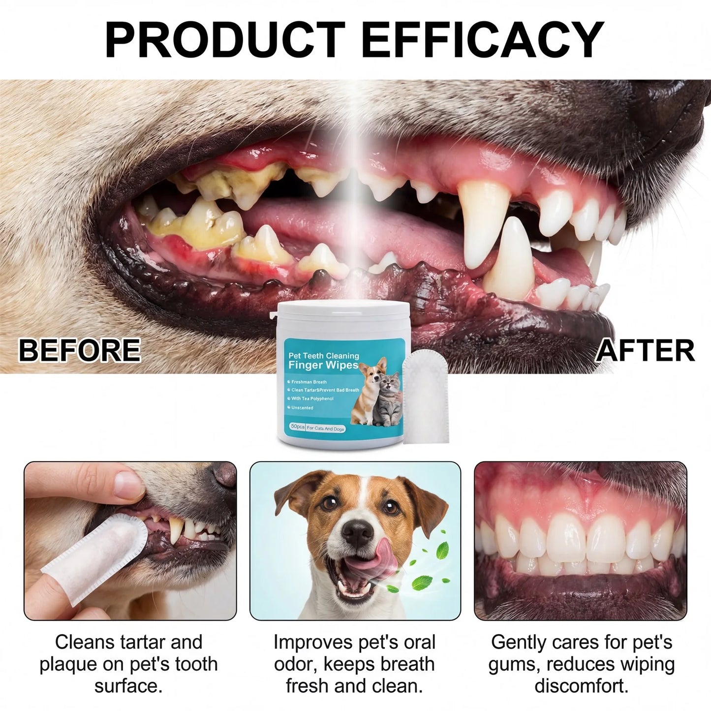 Pet Dental Finger Wipes for Dogs Cats Remove Plaque Tartar Stains Whitening Fresh Breath Disposable Toothbrushing Wipes 50PCS