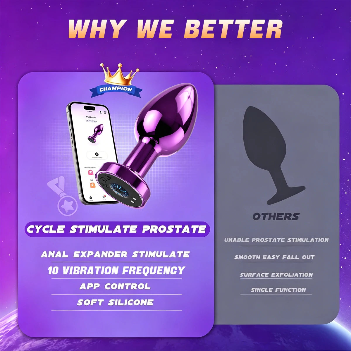 Anal Plug Vibrator APP Remote Control 10 Powerful Vibrations Prostate Massager with Flashing Light Base Adult Sex Toy for Couple