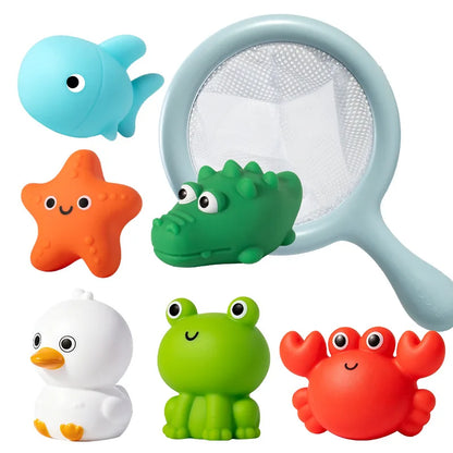 Frog Net Fishing Bath Toy Baby Floating Turtle Animal Squeeze Squeaky Pool Summer Splashing Water Toy Gift