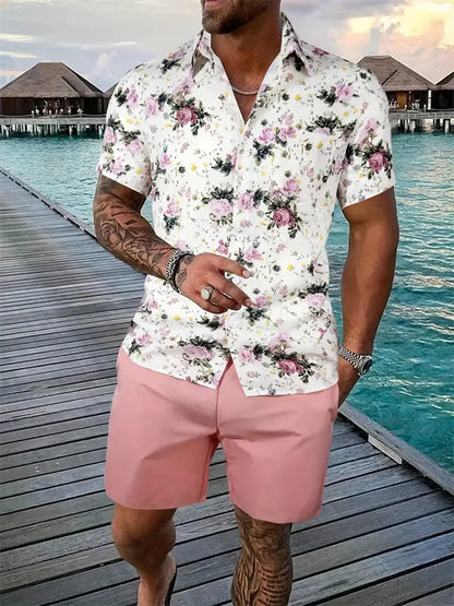 2024 Men's Shirt Shorts Set Two Piece 3D Leaf Print Men's Shirt Short Sleeve Casual Beach Pants Street Vacation Hawaiian Style