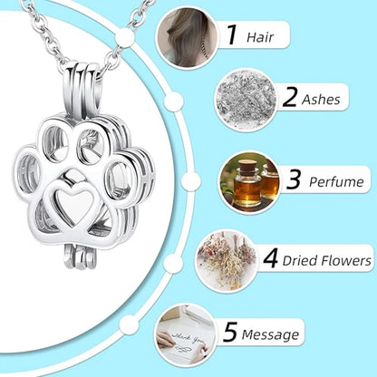 Pet Cremation Jewelry for Dog/Cat Ashes Stainless Steel Paw Print Pendant Necklace Pet Memorial Necklace with Mini Urn Cat/Dog