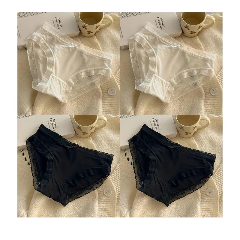 4 PCS/PACK Solid Color Women's Panties Mid-Waist Breathable Comfort Sexy Antibacterial Lace Innerwear