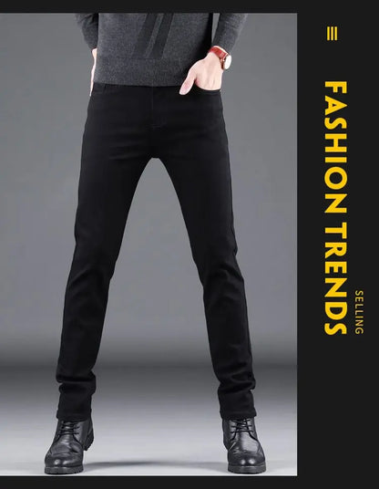 Spring Autumn New Men's Pure Black Slim Jeans Elastic Straight Pants Business Fashion Leisure Korean Vintage Denim Pants Male