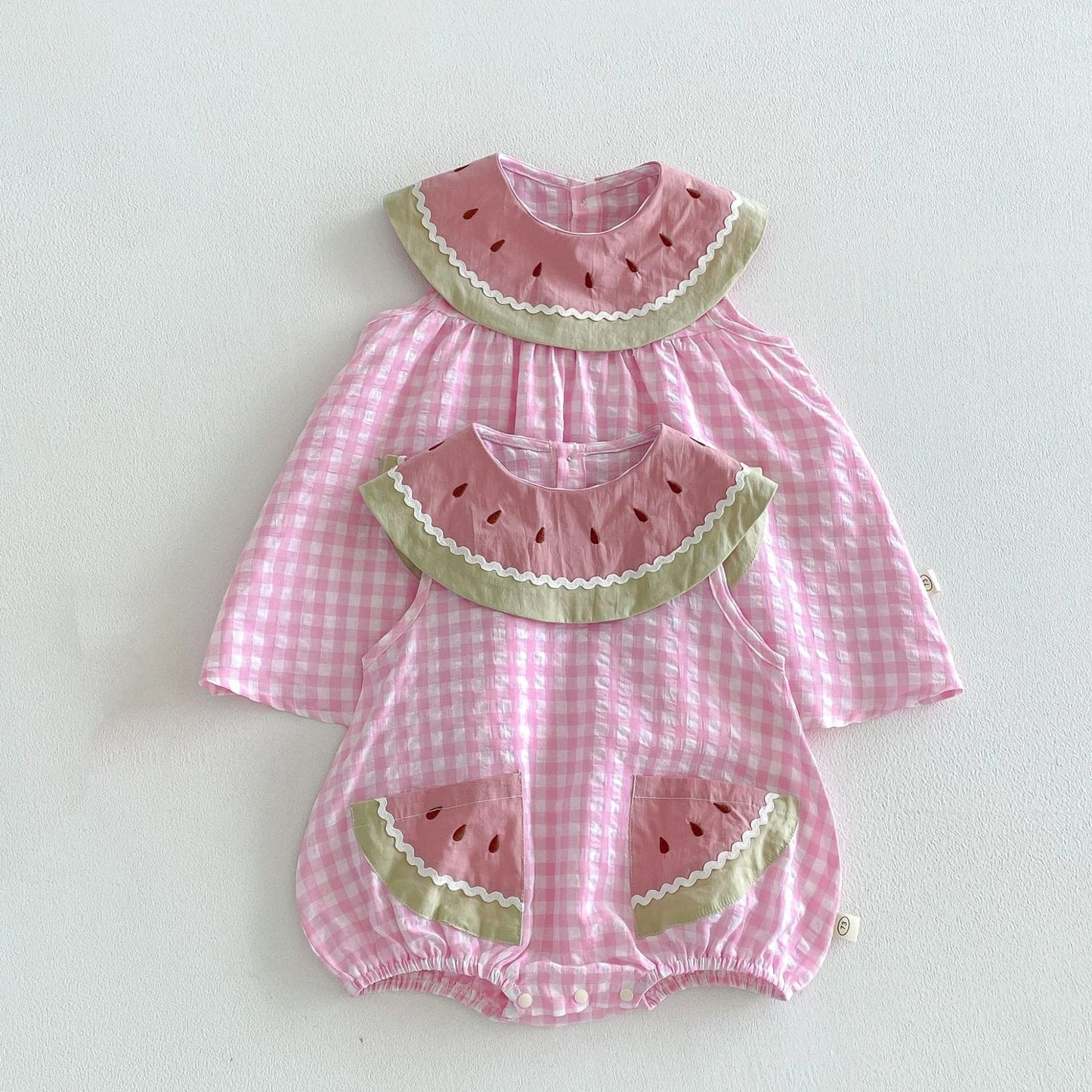 2026 Summer Childrens Clothes Watermelon Collar Baby Bodysuit with Patch Pockets Pink-white Check Girls Dress