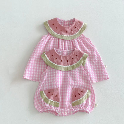 2026 Summer Childrens Clothes Watermelon Collar Baby Bodysuit with Patch Pockets Pink-white Check Girls Dress