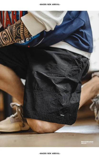 Maden Outdoor Patchwork Black Shorts Men's Lightweight Quick-Dry Breathable Shorts with Elastic Waist Straight Leg Sport Pants