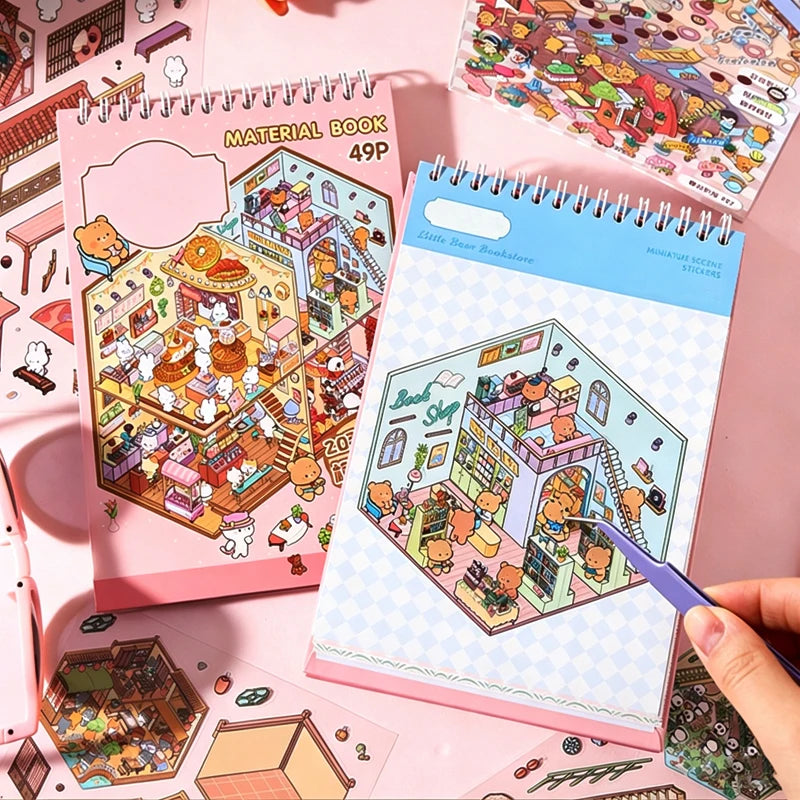 3D Diorama Sticker Book 20 Pages Mini Scene Cute Cartoon Animal Ghosts Theme DIY Scrapbook Toy Fun Stress Relief Kids Adult Gift