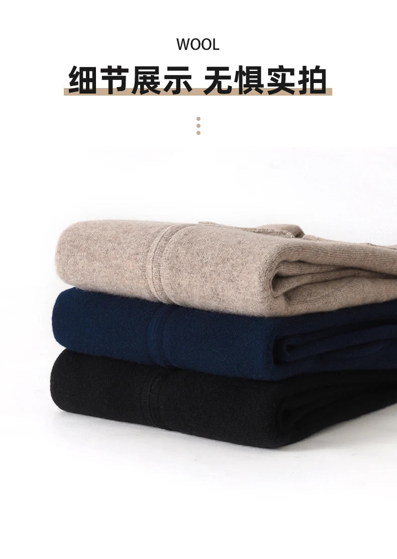 Men's 100% Merino Wool Thickened Sweater Polo Collar Business Zippered Cardigan Autumn Winter New Cashmere Jacket Knitted Top