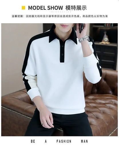 High Street Casual Men Autumn Sweatshirt Top Chic Turn-down Collar Long Sleeve Loose Winter Panelled Plus Fleece Pullover Hoodie