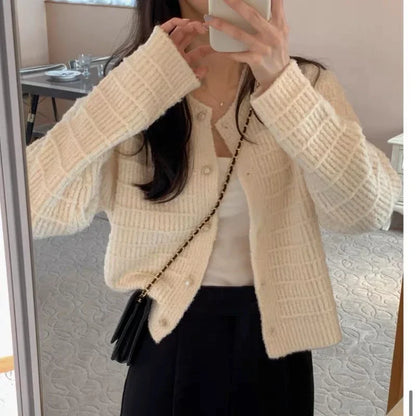 Autumn Elegant Korean O Neck Women's Long Sleeve Jacket Sweet Pink Small Fragrance Retro Short Knitted Cardigan for Lady Spring