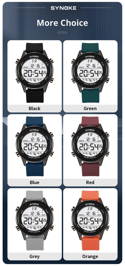 SYNOKE Men Outdoor Sports Multifunctional Waterproof Large Screen Display Luminous LED Digital For Men Fashion Silicon Watch