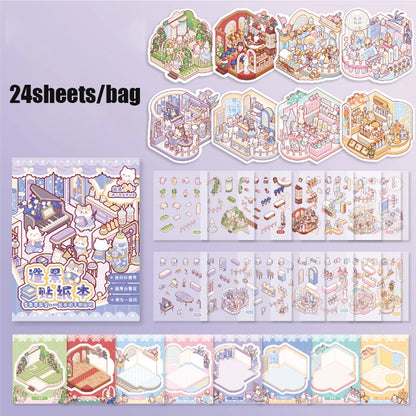 24pcs/bag zoo small class meow wow wonderland series scenery sticker book three-dimensional scene miniature sticker handbook DIY