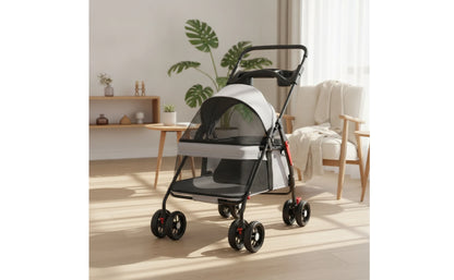Pet Stroller with Storage Basket 4-Wheel Foldable Pet Stroller Collapsible Breathable for Small Dogs, Outdoor Walks, Travel
