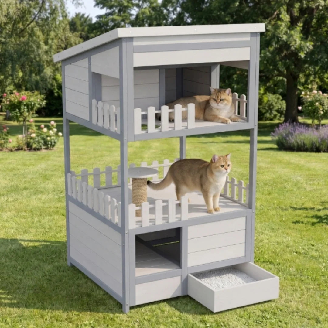 Outdoor cat house, pine cat house, rainproof outdoor cat shelter, solid wood pet cage, winter warm cat bed, with galvanized cat litter box, size 68 x 64 x 124 cm, gray