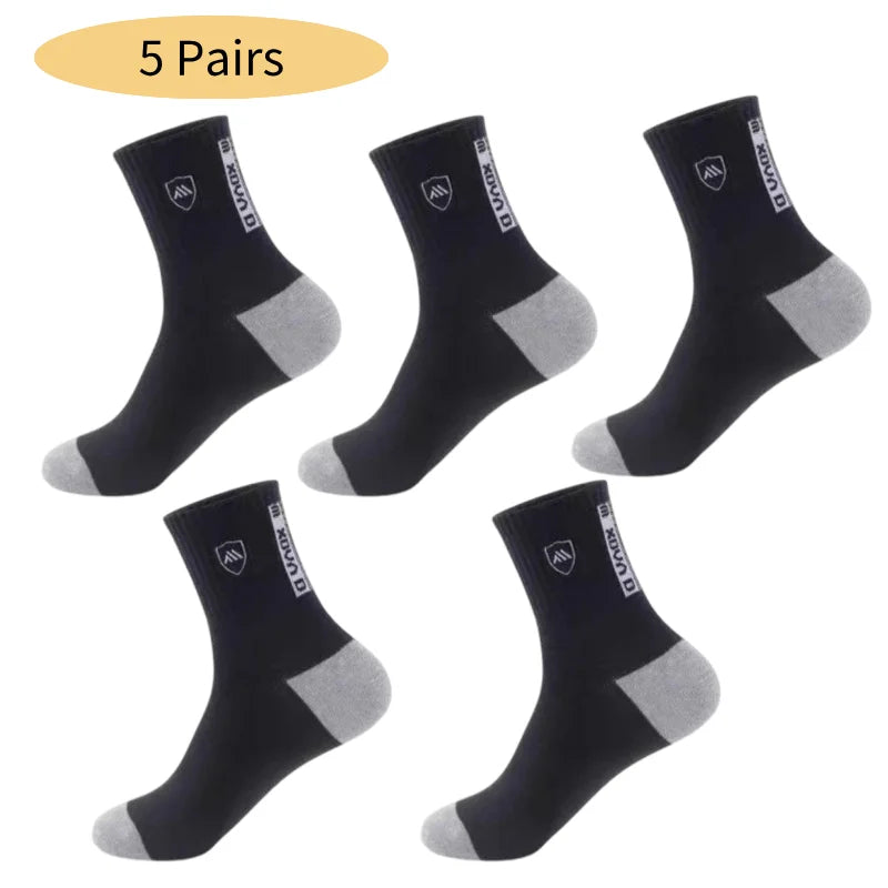 5 Pairs Cotton Sock for Men Sport Breathable Soft Letter Fashion Sneakers High Elastic Middle Tube Stocking Towel Sox Summer