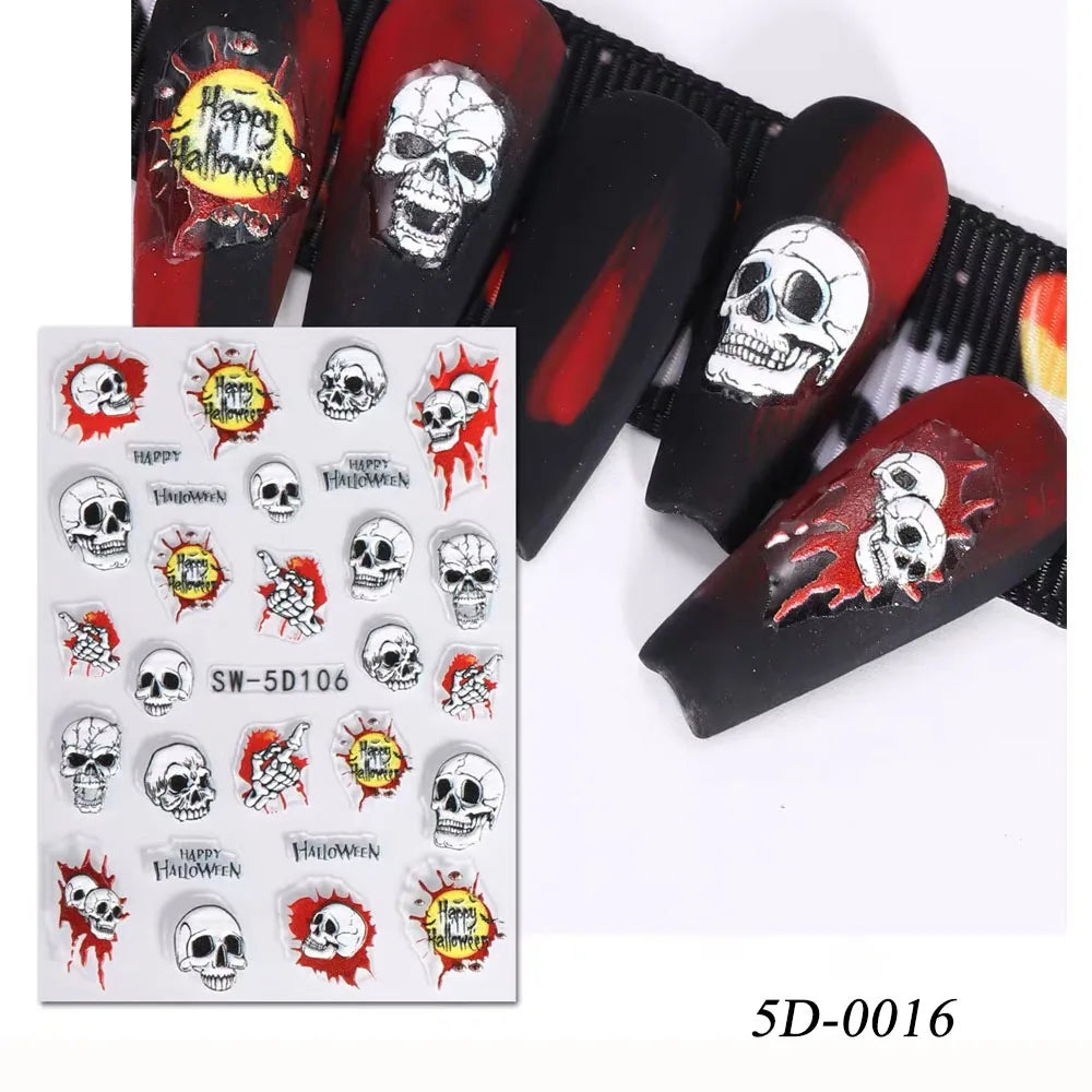 1sheet 5D Halloween Nail Stickers Pink/Green/Black Cartoon Pattern Nail Art Slider DIY For Sweet Cool Girl Cute Nail Decoration